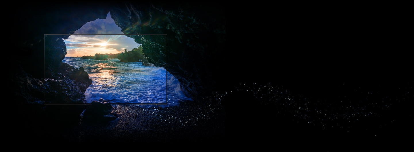 An OLED TV is superimposed over a bright, vivid seaside scene so it looks like it's on screen. Logo reads 30% brighter.