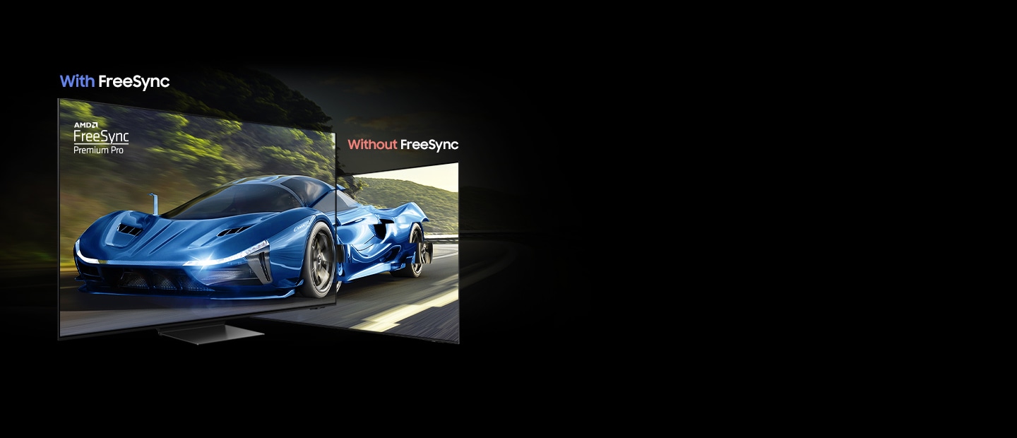 An OLED TV with AMD FreeSync Premium Pro shows a smooth scene of a racecar. Without FreeSync, the same scene has image tearing.