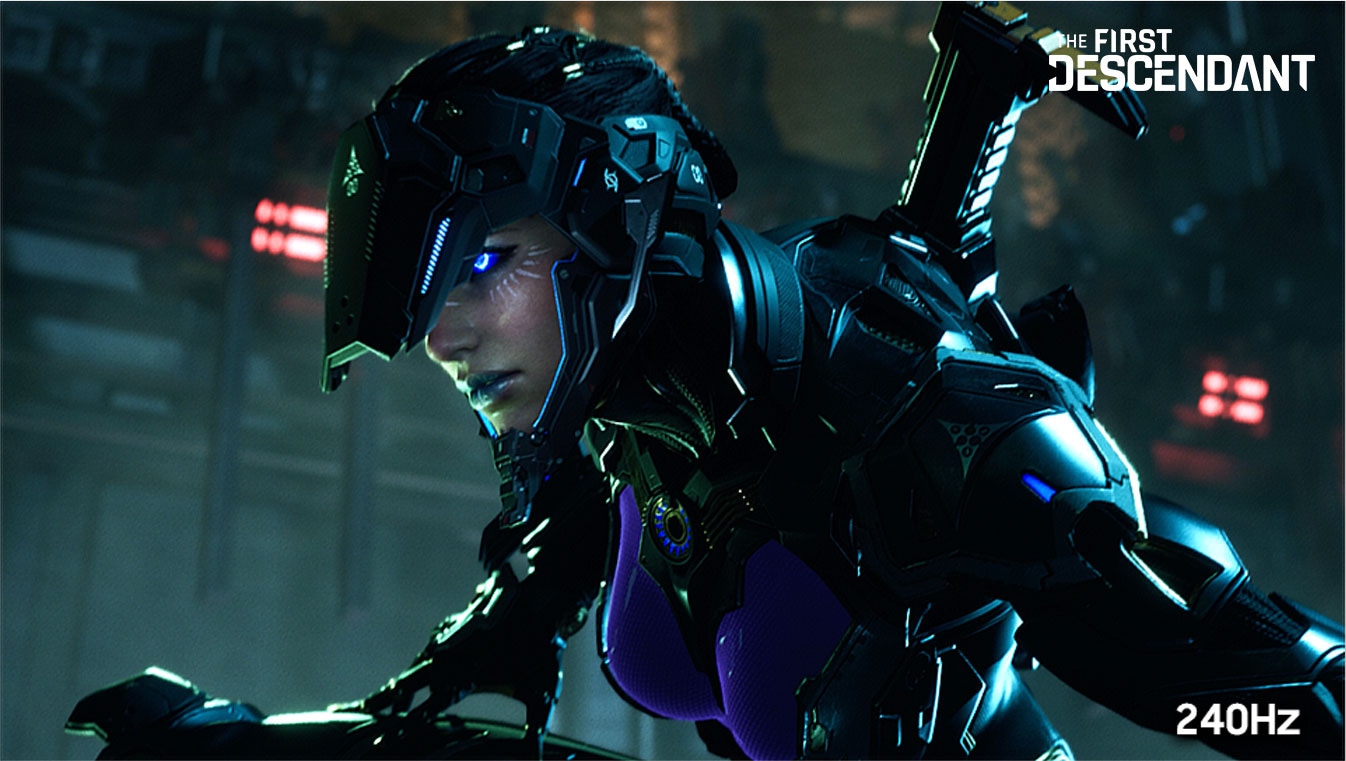 A scene from the Nexon trailer which is THE FIRST DESCENDANT is seen with less clarity on one side of the screen labeled "120Hz" and with ultra-sharp clarity on the other side labeled "240Hz". User can adjust the screen side-to-side to compare the picture quality.